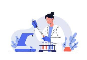 Scientist in lab coat pipetting liquid into a test tube. Clean, modern lab setting. Focus on precision and scientific research. Ideal for medical, biotech concepts.