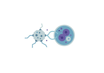 Stylized illustration of a sperm fertilizing an egg. Clean, modern design suitable for science, biology, or reproduction concepts. Blue and purple color palette.