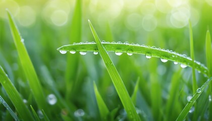 Dewdrops on Lush Green Grass Blades in a Sunny Meadow Nature's Refreshing Beauty