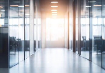 Fototapeta premium Blurred modern office interior background with soft bokeh lights, glass doors, and bright hallway, ideal for business concept banner, corporate design, or copy space layout