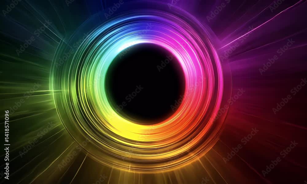Poster black background with colorful rays of light coming out from the center, forming an abstract tunnel 