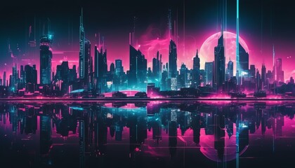 Obraz premium Futuristic Cityscape at Night Reflected in Still Water under a Pink Moon Cyberpunk Neon Lights
