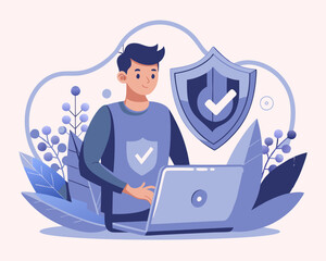 Cybersecurity protection with digital shield and secure laptop against online threats

