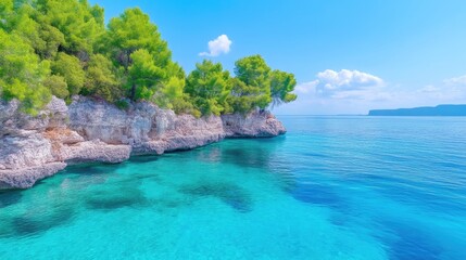 Obraz premium Pristine turquoise water laps against a rocky shore, dotted with lush greenery. Crystal-clear water, vibrant colors, sunny day, and a scenic coastline