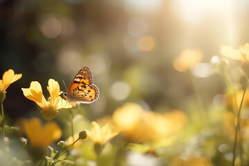The beautiful colored butterfly on a yellow flower with blurry background in the morning of spring season.