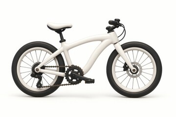 Minimalist white bicycle with modern frame design, black tires, and curved handlebars, isolated on clean white background, showcasing simplicity, innovation, and elegant urban transportation.