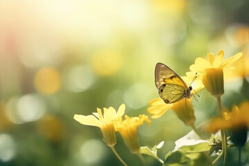 The beautiful colored butterfly on a yellow flower with blurry background in the morning of spring season.