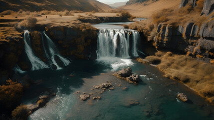 Stunning photograph of wonderful waterfall view from aerial drone. Nature Wallpaper.