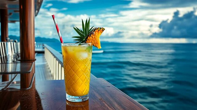 Refreshing pineapple cocktail on a boat deck with stunning ocean view perfect tropical escape