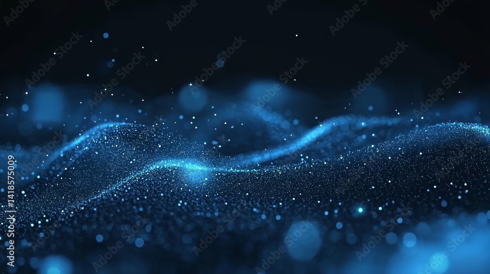 Poster dark blue abstract glowing particle wave background with bokeh and glitter light effects, perfect fo