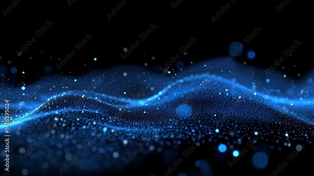 Poster dark blue abstract glowing particle wave background with bokeh and glitter light effects, perfect fo