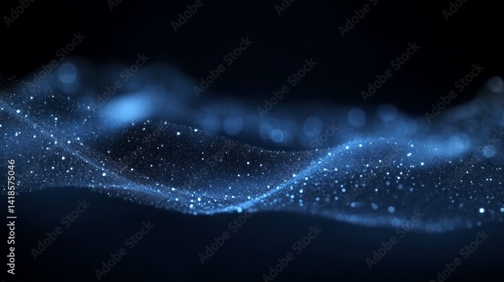 Poster dark blue abstract glowing particle wave background with bokeh and glitter light effects, perfect fo
