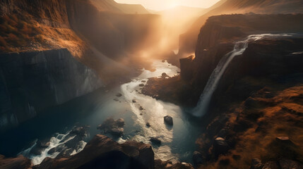 Aerial view of stream river between the big mountains taking from drone in the afternoon with golden hours.