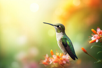 colorful hummingbird on the tropical flower in the morning with blurry green nature background