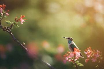 colorful hummingbird on the tropical flower in the morning with blurry green nature background