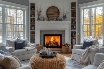 Fototapeta premium Cozy living room with fireplace, built-in shelves, light grey sofa, armchairs, neutral color palette, and beach-style decor bathed in morning sunlight.
