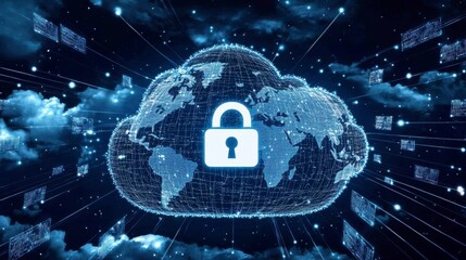 Digital cloud security with padlock over global data network design