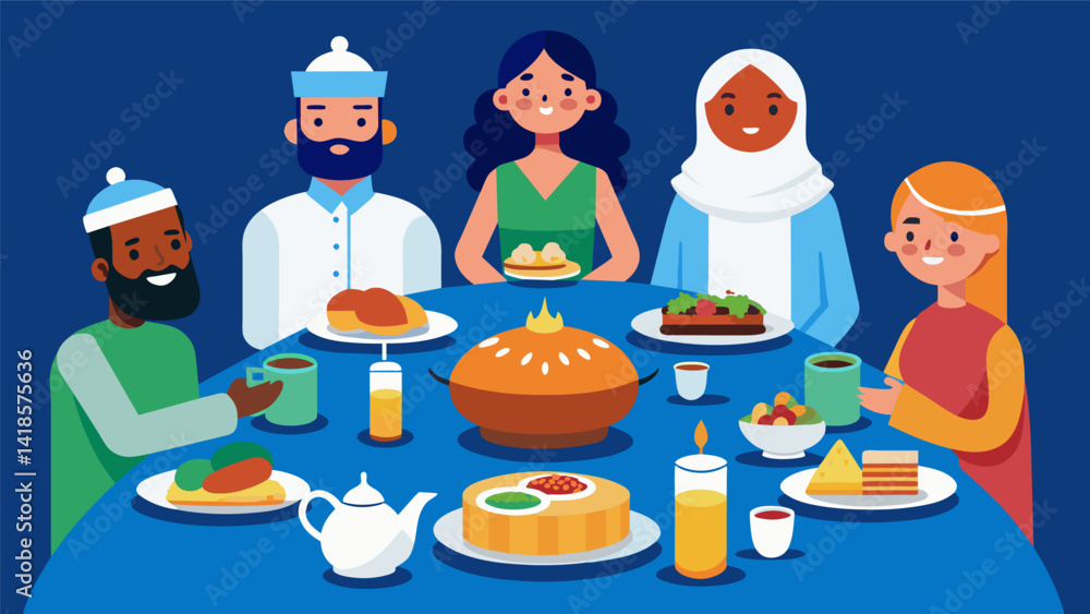 Poster a table adorned with dishes from around the world as members of different faith communities take tur