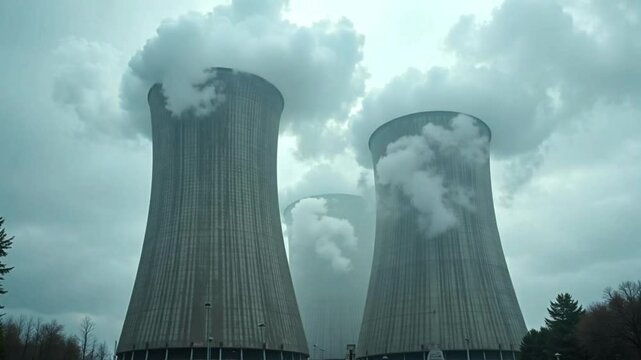 A nuclear power station, an industrial plant providing electric energy, features a prominent cooling tower releasing steam into the blue sky