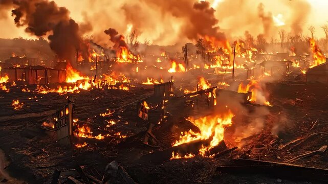 Scene of houses engulfed in flames