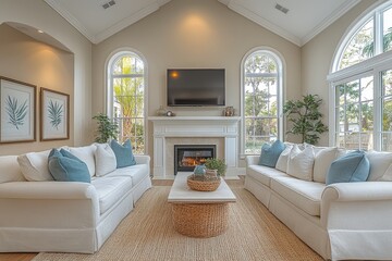 Cozy living room with two sofas, fireplace, TV, white and cream color scheme, light blue accents, framed art, and large windows with natural sunlight.