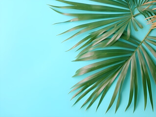 Palm tree leaves isolated on blue background with copy space for text. Tropical theme concept.