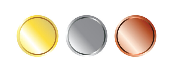 Award golden, silver and bronze blank medals 3d vector realistic illustration. First, second and third place medals or buttons isolated on white background. Quality blank, empty badge, emblem set.