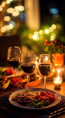 Romantic outdoor dinner setting with wine and food.