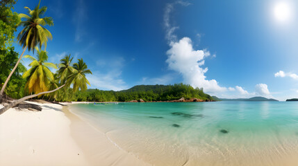 Stunning Tropical Beach with Palm Trees, White Sand, Turquoise Ocean Against the Blue Sky. Beautiful Nature Background for Relaxing Vacation.