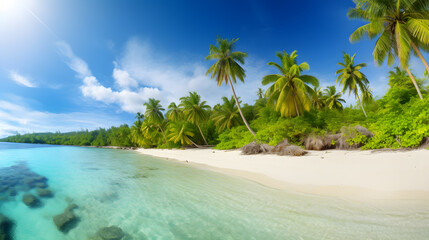 Stunning Tropical Beach with Palm Trees, White Sand, Turquoise Ocean Against the Blue Sky. Beautiful Nature Background for Relaxing Vacation.