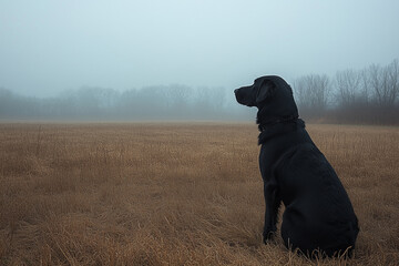 A black dog sitting quietly in a misty field