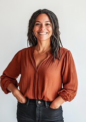 Portrait of a smiling Black woman with braided hairstyle in rust blouse and jeans, isolated on white background, confident young female looking at camera for diversity or lifestyle concept 