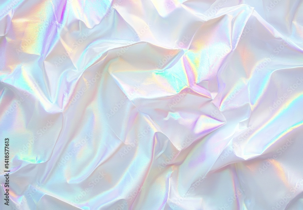 Poster holographic iridescent pastel background with wavy folds and shiny white surface, rainbow light refl
