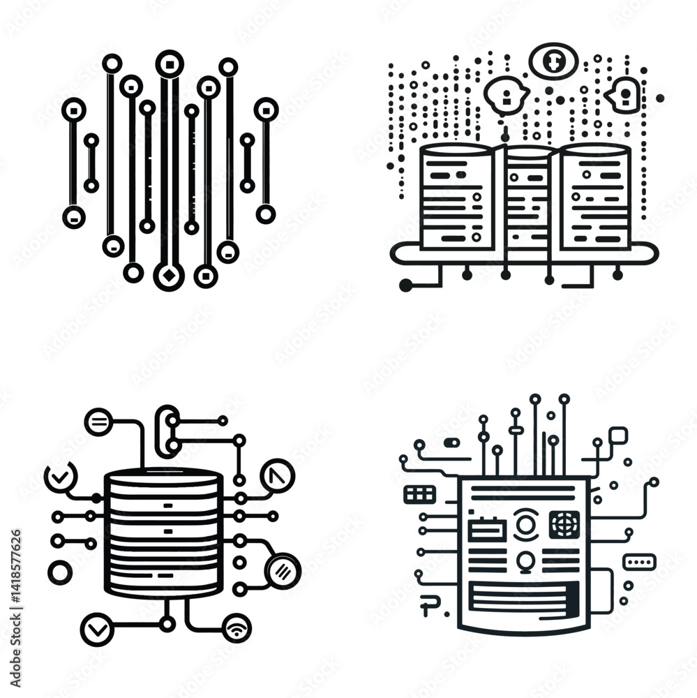 Poster abstract tech circuitry icons digital network, data servers, processing, ai on white