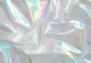 Holographic iridescent pastel background with wavy folds and shiny white surface, rainbow light reflection, abstract gradient texture for design, futuristic shimmer pattern