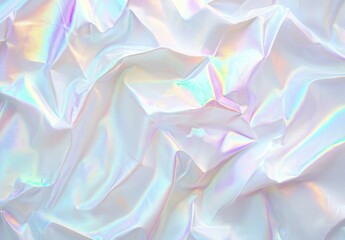 Holographic iridescent pastel background with wavy folds and shiny white surface, rainbow light reflection, abstract gradient texture for design, futuristic shimmer pattern