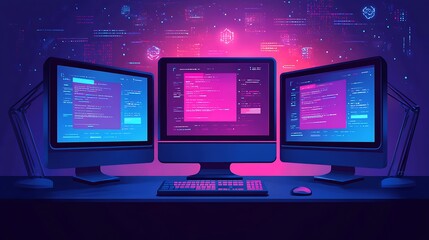 Fototapeta premium Triple Monitor Setup Programmer Coding Software Development