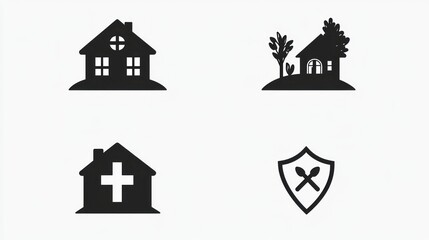 Four house icons home, cottage, hospital, security.  Perfect for real estate, healthcare, or insurance websites