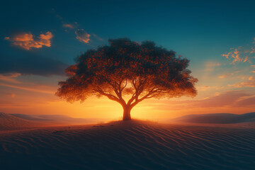 Obraz premium A solitary tree standing against a vibrant sunset