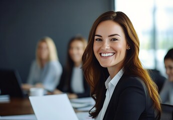Smiling businesswoman in meeting with colleagues in modern conference room, professional team collaboration, high-resolution photo with copy space for business or marketing mockup