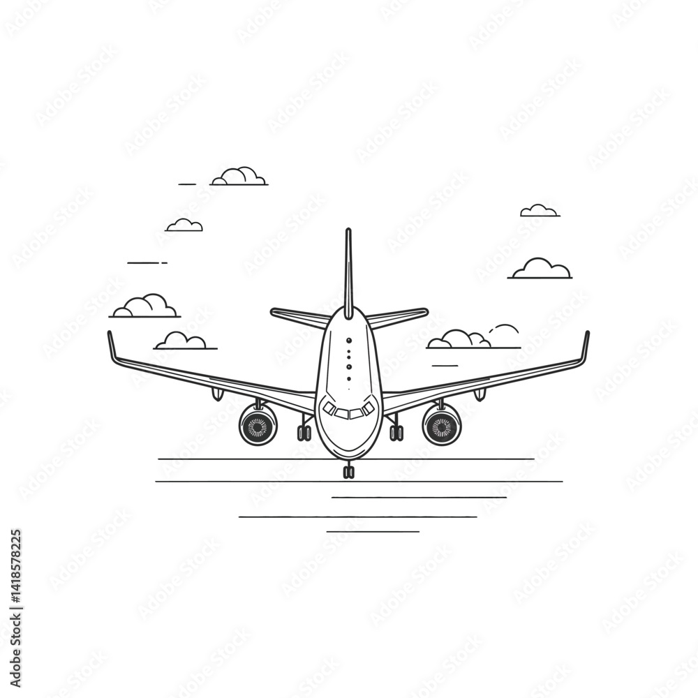 Poster airplane on runway with clouds vector in line art style