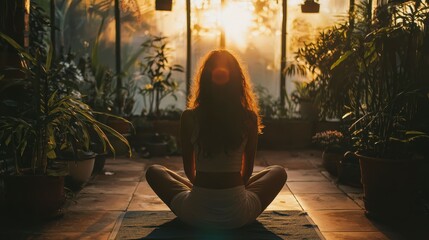 Serene Sunrise Yoga Woman Meditating in a Sunlit Conservatory