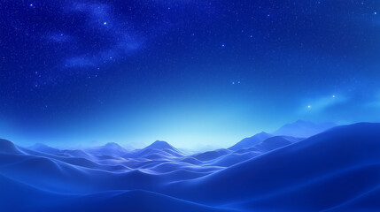  A tranquil blue snowfield extends under the starry sky, with distant mountain outlines clear, creating a dreamy winter scene.