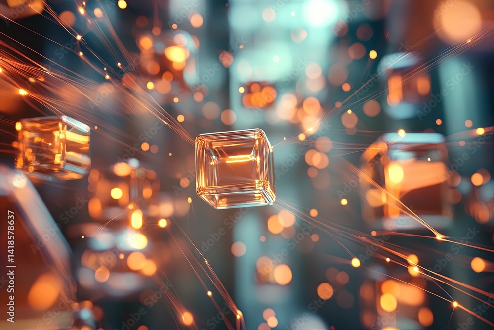 Poster floating geometric shapes illuminated by warm light in a digital abstract space, creating a mesmeriz