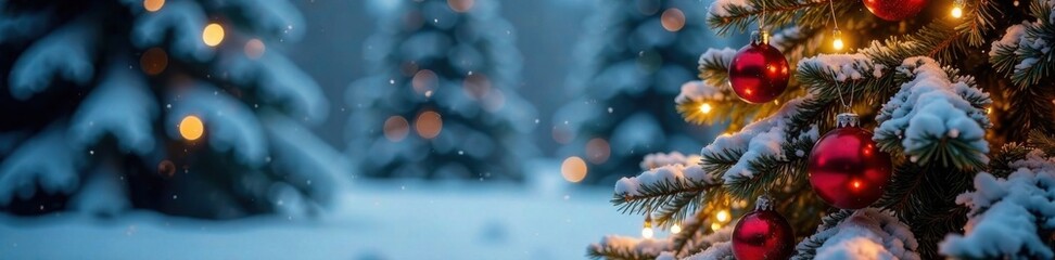 Snowy Christmas tree with ornaments and lights, snow, festive, ornaments
