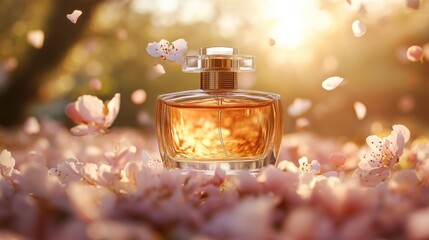 A beautiful glass perfume bottle surrounded by soft pink petals, capturing the essence of spring and elegance in a sunlit garden.