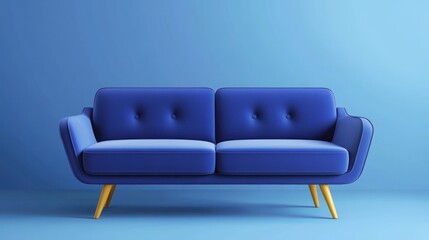 Fototapeta premium Blue velvet sofa, minimalist room, interior design, studio backdrop, furniture advertisement