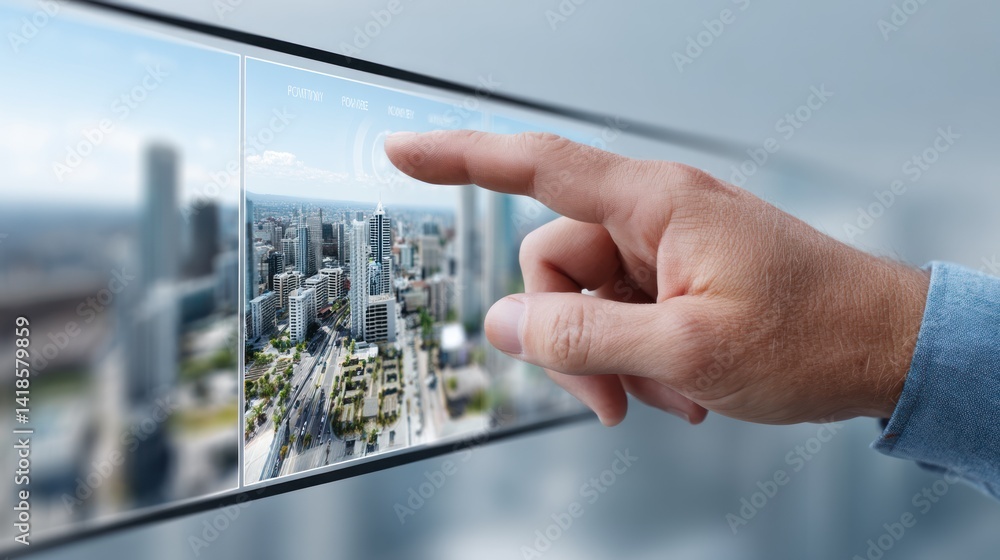 Aufkleber a close-up of a hand interacting with a digital interface showcasing a futuristic cityscape and adva
