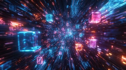 Obraz premium Futuristic Metaverse Digital Cubes and Block Technology Network Connection Concept, Representing Innovation, Digital World, Virtual Reality, and Cyber Connectivity