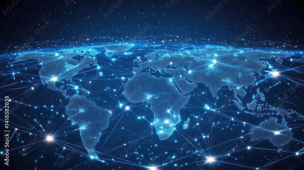 Poster a digital globe illuminated by network connections, representing data flow and global connectivity i